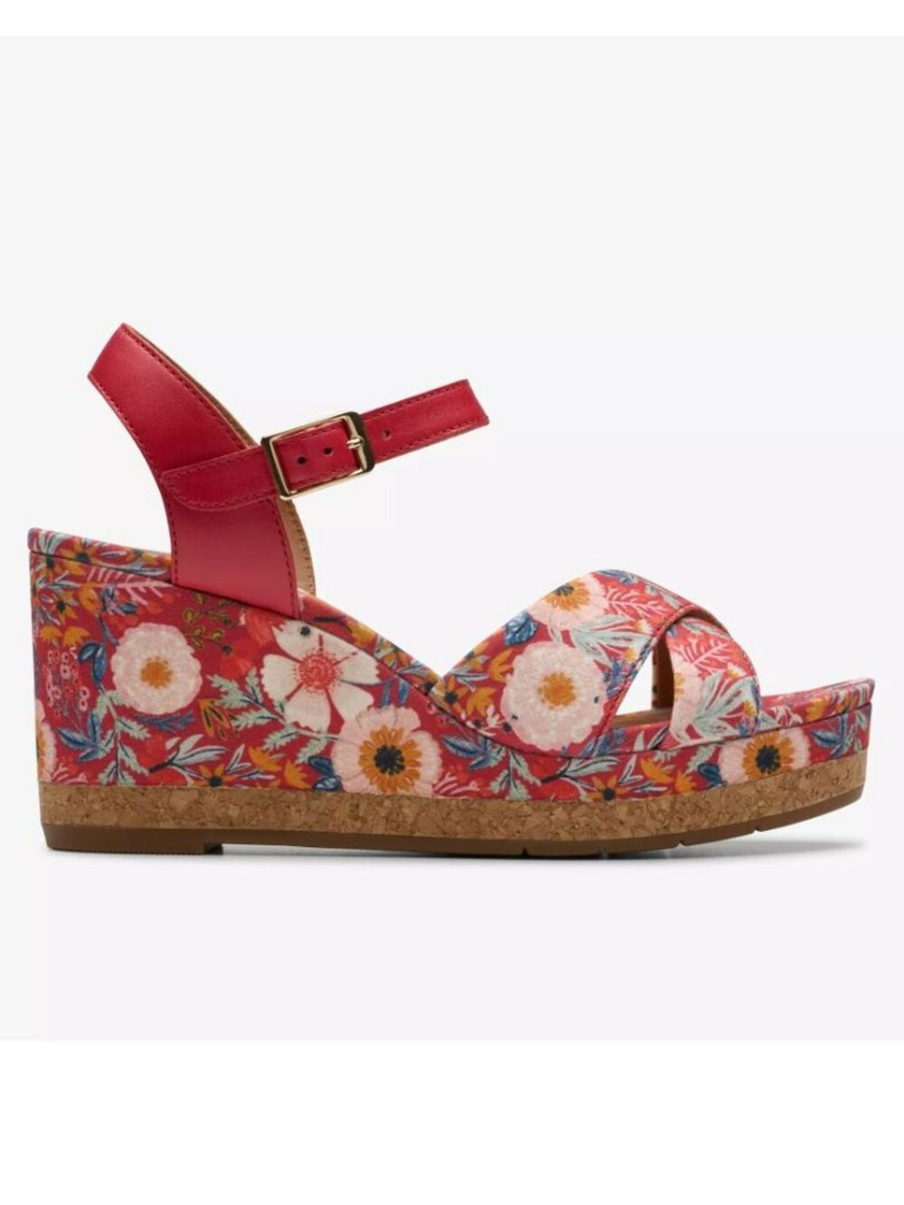 Clarks Chicly Floral Red Print Wedge Sandals